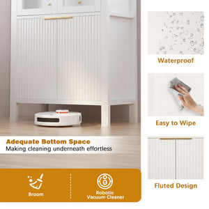 English Elm 71" Fluted Tall Arched Pantry Cabinet with Tempered Glass Door, Adjustable Shelves, Silent Drawer, Anti-Tip Safety and Stylish Metal Handles for Kitchen Living Dining White W2917P384723