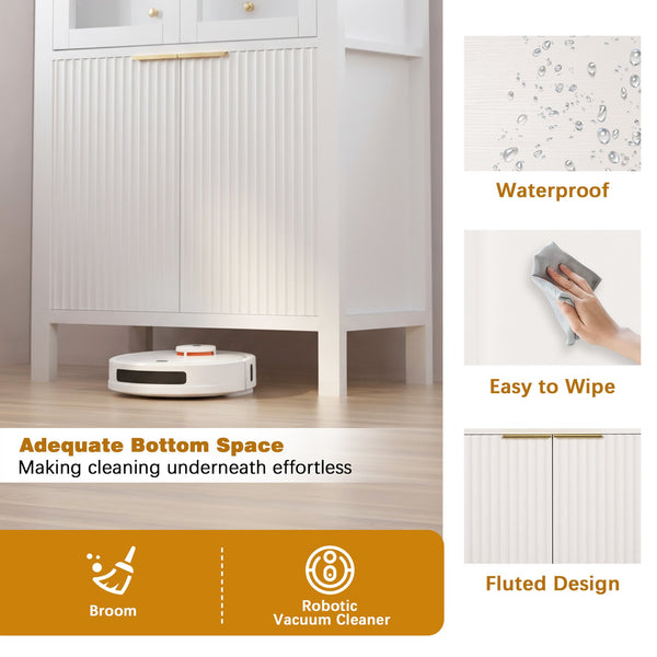 English Elm 71" Fluted Tall Arched Pantry Cabinet with Tempered Glass Door, Adjustable Shelves, Silent Drawer, Anti-Tip Safety and Stylish Metal Handles for Kitchen Living Dining White W2917P384723