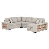 English Elm 109" U-Shaped Sectional Sofa Pull-Out Sofa Bed With Two Usb Ports, A Storage Chaise Lounge and Four Back Pillows For Living Room, Beige