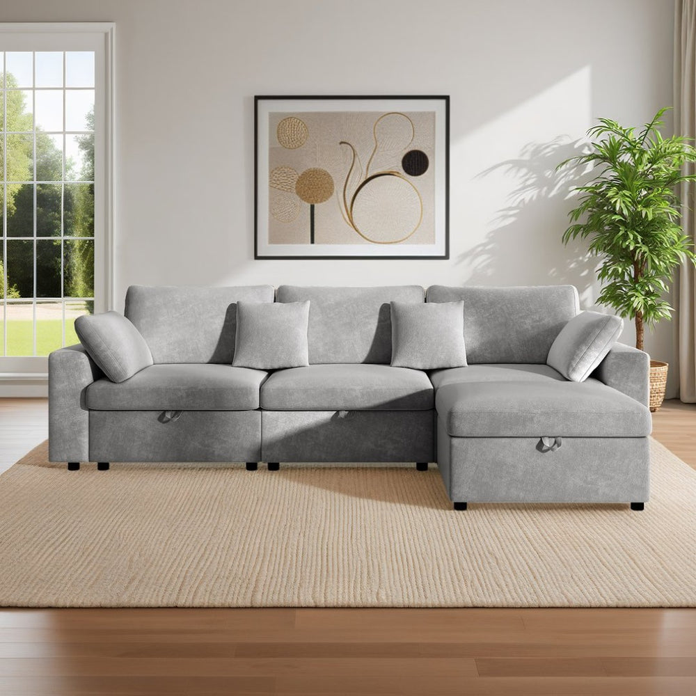 English Elm 118" Velvet L Shaped Sectional with Storage Ottoman and Deep Cloud Cushions W3716S00014