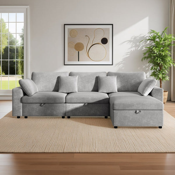 English Elm 118" Velvet L Shaped Sectional with Storage Ottoman and Deep Cloud Cushions W3716S00014