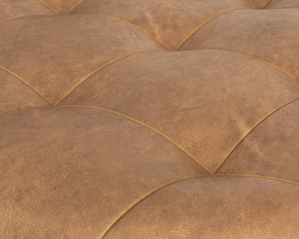 Sunpan Nilda Ottoman - Luxurious Italian Round Leather Seat with Tufted Top & Solid Wood Base - Camel Color