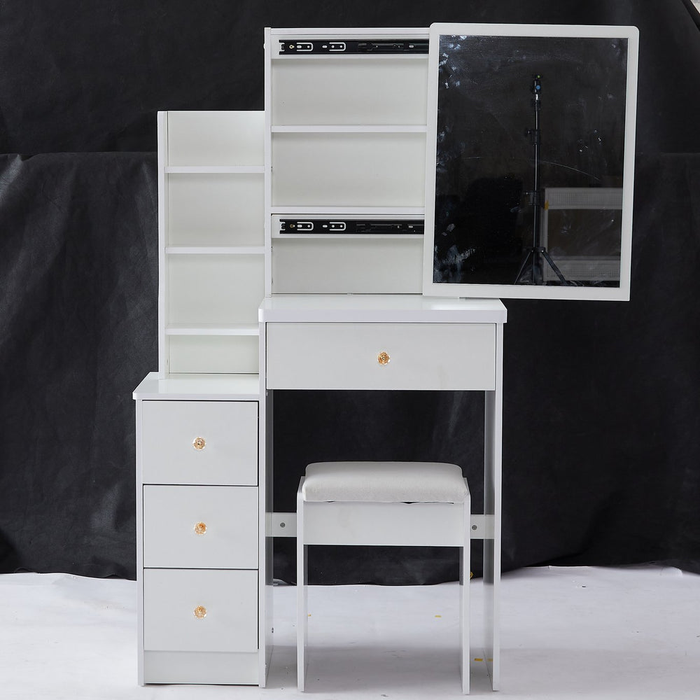 English Elm 29.2" Elegant Space-Saving Vanity Set With Cushioned Stool, Sliding Mirror & High-Capacity Storage W936P226029