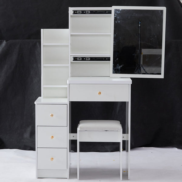 English Elm 29.2" Elegant Space-Saving Vanity Set With Cushioned Stool, Sliding Mirror & High-Capacity Storage W936P226029