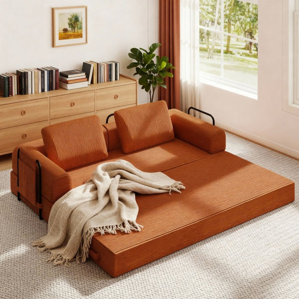 English Elm 78 Inch Corduroy Convertible Sofa Sleeper Futon with Foldable Armrests for Studio Rooms Orange W5385P455029