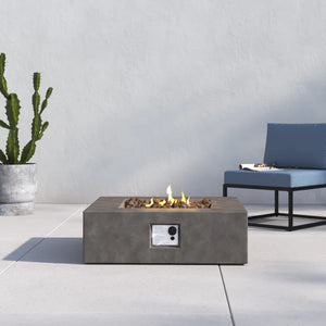 English Elm 12" Concrete Outdoor Fire Pit Table with Push-Button Ignition, Lava Rocks, Modern Low-Profile Design Charcoal B120P203715