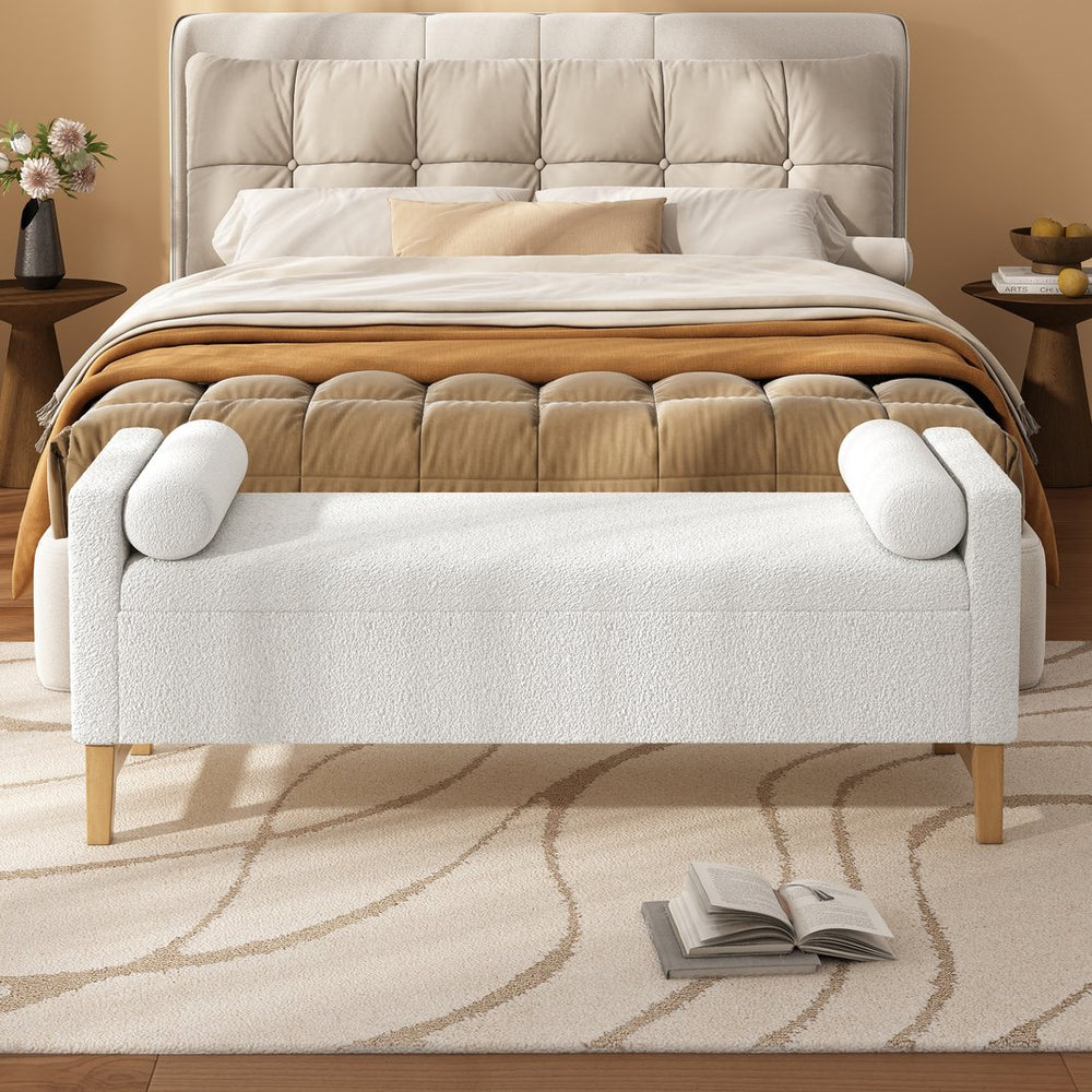 English Elm Christopher Knight Home® - Upholstered Boucle Storage Ottoman with Solid Wood Legs, Ivory, Hidden Compartment & 2 Pillows - Large Bench 47.3"L N757P300884I