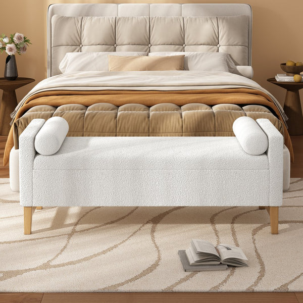 English Elm Christopher Knight Home® - Upholstered Boucle Storage Ottoman with Solid Wood Legs, Ivory, Hidden Compartment & 2 Pillows - Large Bench 47.3"L N757P300884I