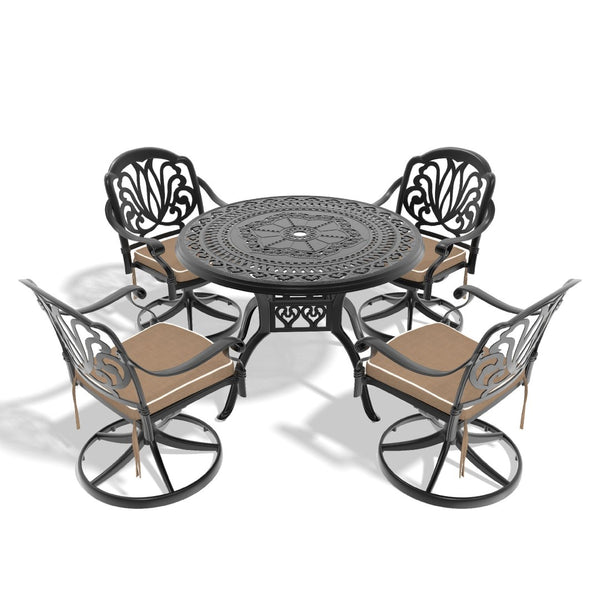English Elm 5-Piece All-Weather Cast Aluminum Dining Set With Swivel Chairs & Cushions For Ultimate Comfort P2 W1710S00435-GIGA