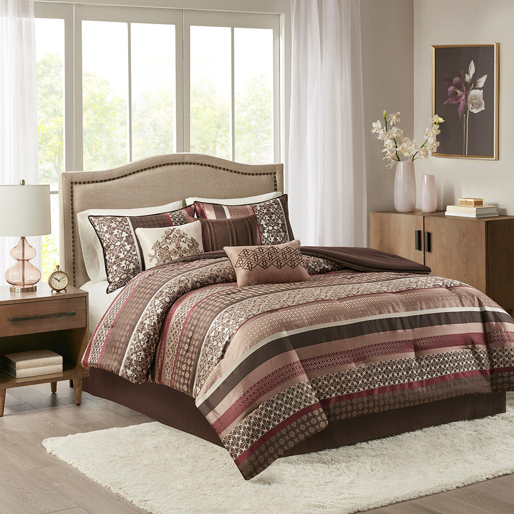 JLA Home Madison Park - 7 Piece Comforter Set with Geometric & Damask Embroidery, Soft Brushed Jacquard, Machine Washable Red MP10-697
