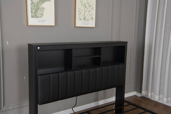 English Elm Queen Storage Bed Frame with Led Lighting Charging Station and Four Under Drawers W1670S00030