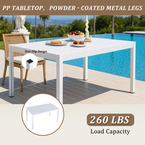 English Elm 4pcs Stackable PP Armchair Set with 55" Modern Long Table – Weatherproof, Ergonomic Outdoor Dining Suite Warm Grey,White W3450S00009