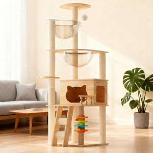English Elm 59" Modern Wood Cat Tower with Sisal Posts Acrylic Hammock and Elevated Perch W3101P383595
