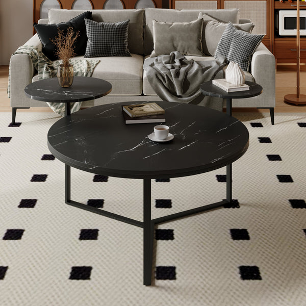 English Elm Modern round coffee table with black faux marble top, tripod metal base and two display shelves, sleek storage flair N735P177472B