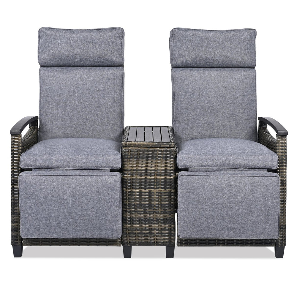 English Elm Go Outdoor Recliner Loveseat Chair With Adjustable Backrest, Storage Table & Acacia Wood Armrests N704G201239E