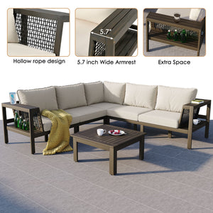 English Elm GO 4 Pieces Outdoor Acacia Wood Sofa Set with Removable Cushions, Woven Armrests & Coffee Table Beige,Grayish Brown N704G201249A