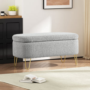 English Elm Christopher Knight Home® - Oval Grey Upholstered Storage Bench with Gold Metal Legs — Flip-Top Ottoman, Durable, Spacious Seat(storage) N769P195486G