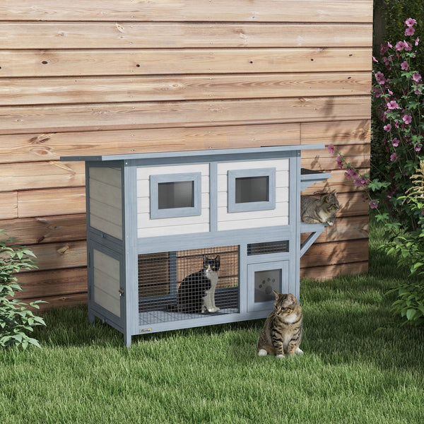 English Elm PawHut Extendable Outdoor Cat Tunnel 79" Wooden Catio Run with Weatherproof Mesh, Multi-Entry LIGHT GREY W2225P200727