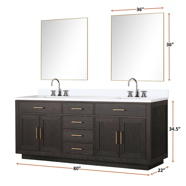 English Elm Brown Oak Double Bath Vanity Set With Cultured Marble Top, Faucets, & 36" Mirrors For Elegant Upgrade B2731S01807