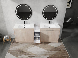 English Elm 84 Inch Freestanding Bathroom Vanity with Integrated Resin Sink, Soft-Close Doors, Shelves & Extra Storage Space Glossy White,Plain Light Oak W999S00320