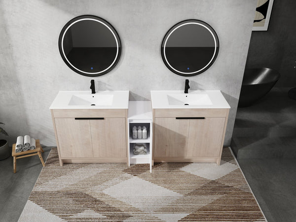 English Elm 84 Inch Freestanding Bathroom Vanity with Integrated Resin Sink, Soft-Close Doors, Shelves & Extra Storage Space Glossy White,Plain Light Oak W999S00320