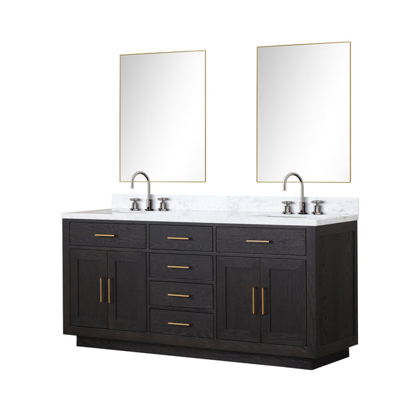 English Elm Black Oak Double Bath Vanity 72" W With Carrara Marble Top, Chrome Faucets & 34" Mirrors Included B2731S02175