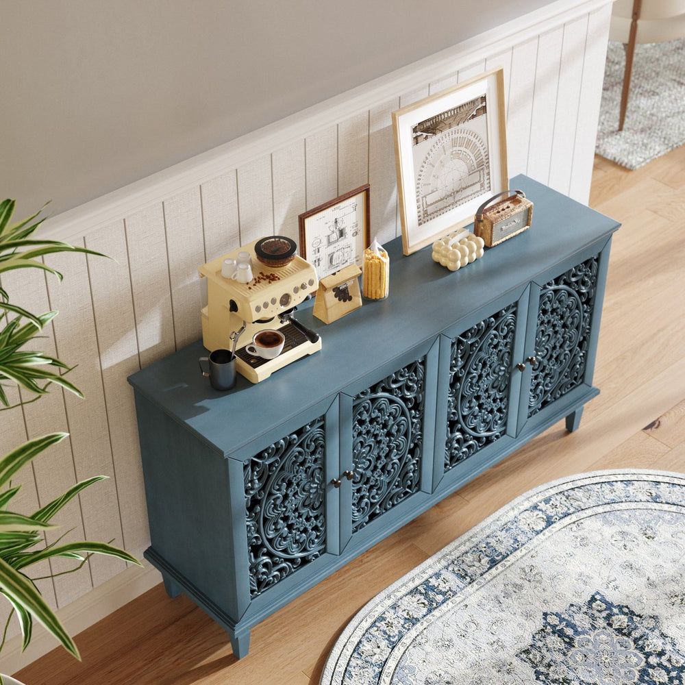 English Elm 60" Hand-Carved Floral Buffet Cabinet with Solid Wood Legs, Brass Handles, Adjustable Shelves, TV Stand Antique Blue W1445P321198