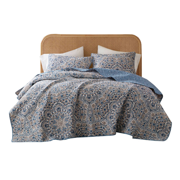 JLA Home Super Listing - Boho Valerie Reversible Quilt with Watercolor Medallion and Tonal Floral, Ultra‑Soft Brushed Microfiber Blue AM14-0593