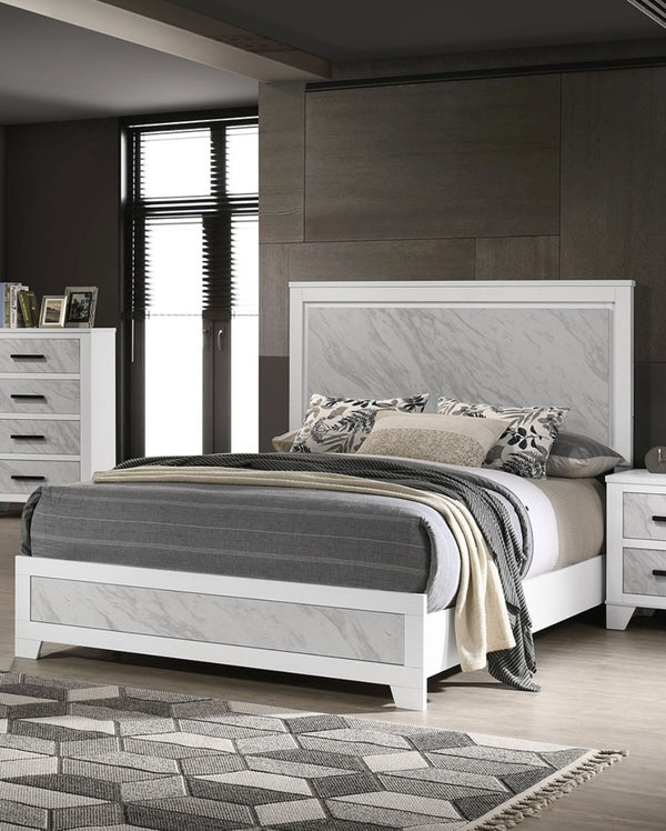 English Elm Contemporary White Queen Bed With Faux Marble Headboard & Footboard - Modern Bedroom Elegance B2741S00710