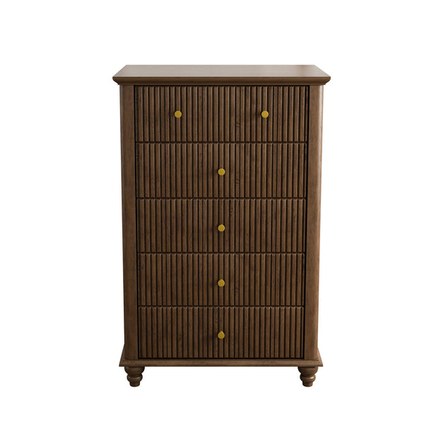 English Elm Fluted Mid-Century 5-Drawer Dresser with Metal Handles — Stylish Vertical Grooves, Sturdy Storage Solution Walnut 42.32 L x 21.06 W x 11.81 H W1716P330707