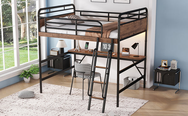 English Elm Full Size Metal Loft Bed with Desk, LED Light & Charging Station, MDF Panels, Safe Rounded Edges W2580P286695