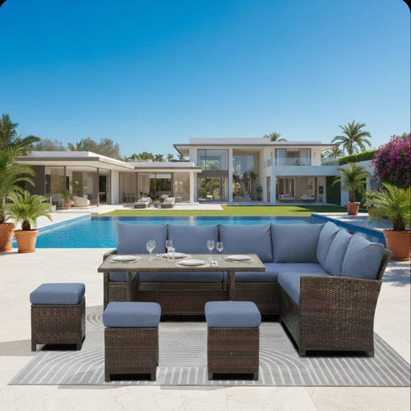 English Elm 7 Piece Outdoor Wicker Dining Set Modular Sectional Sofa Ottomans and Patio Table Blue+Brown B082S00076