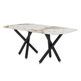 English Elm 1 Table and 8 Chairs Set.A Rectangular Dining Table With A 0.39-Inch Imitation Marble Tabletop and Black Metal Legs.Paired With 8 Chairs With Pu Leather Seat Cushion and Black Metal Legs.F-1538,C-007