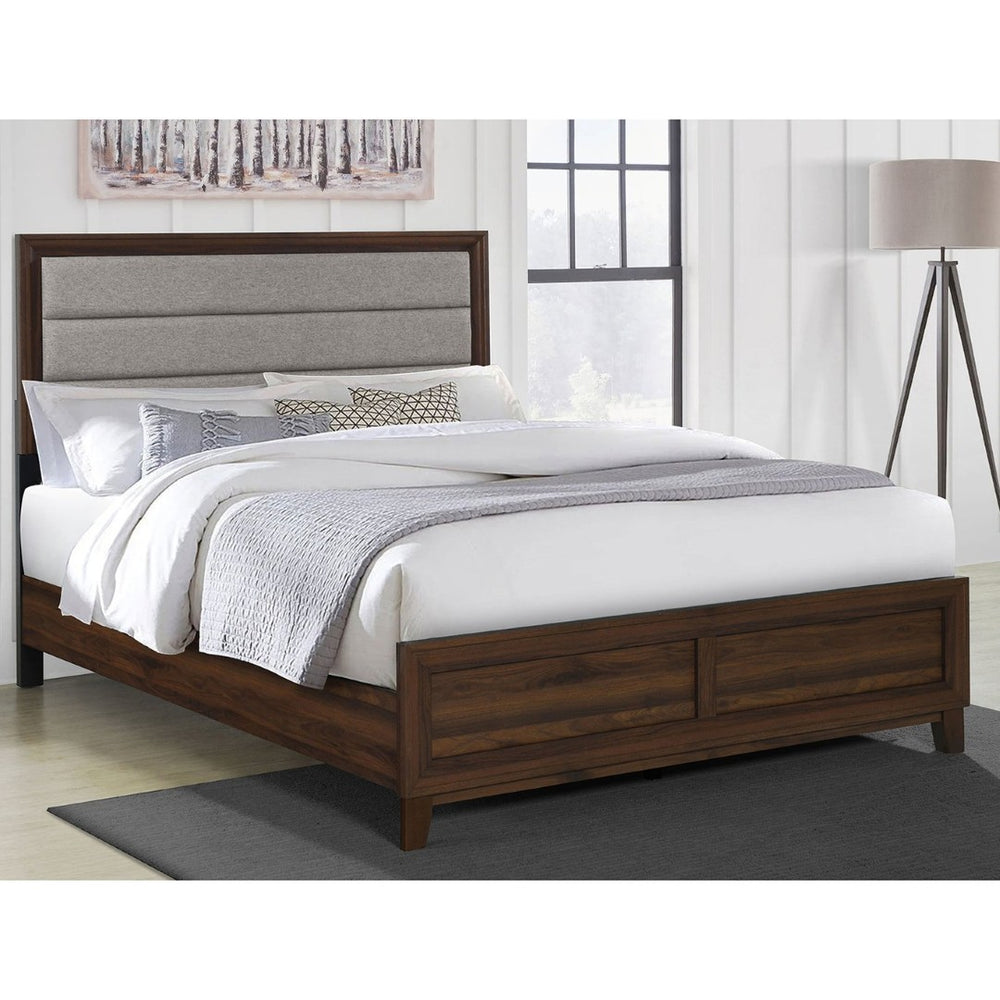 English Elm Anza Eastern King Bed with Taupe Panel Headboard and Warm Walnut Wood Frame B062S01773