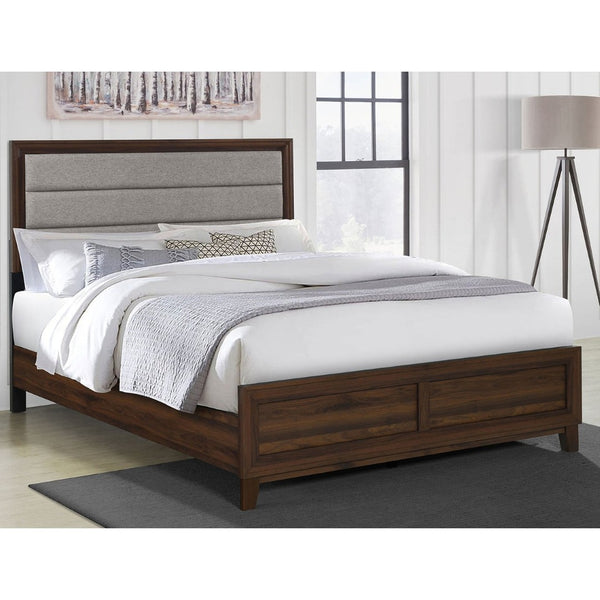 English Elm Anza Eastern King Bed with Taupe Panel Headboard and Warm Walnut Wood Frame B062S01773
