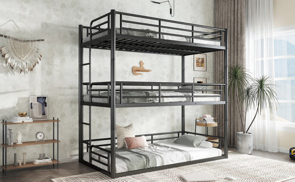 English Elm Twin Triple Metal Bunk Bed Matte Powder Coated Frame with Full Safety Guardrails Black W1580S00578