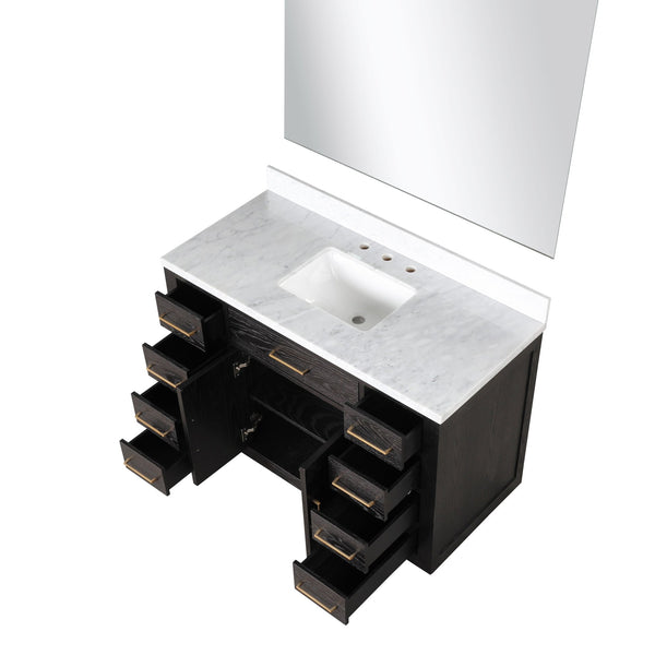 English Elm Black Oak Single Bath Vanity Set With Carrara Marble Top & Frameless Mirror For Elegant Bathrooms B2731S02117