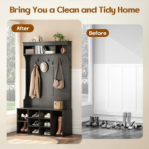 English Elm 70.9 Inch Freestanding Hall Tree with Bench Shoe Cubbies and 7 Hooks for Entryway Black T3623P434557