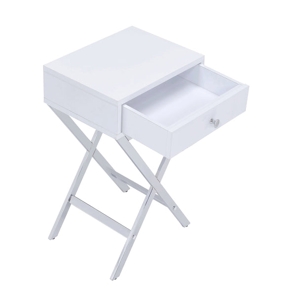 English Elm White White and Chrome 1-Drawer Rectangular Accent Table with Sleek X-Base, Compact Storage for Small Spaces B062P185654