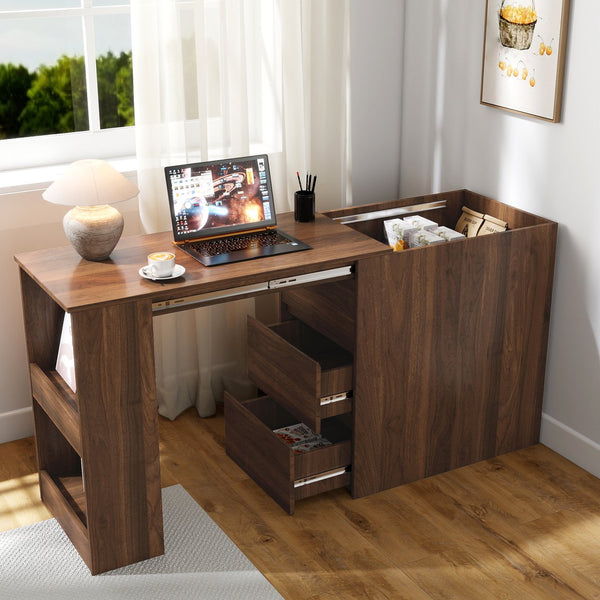English Elm Computer Corner Desk with Drawers Foldable Extendable Workstation, Large Storage, Vanity Ready W331P297437