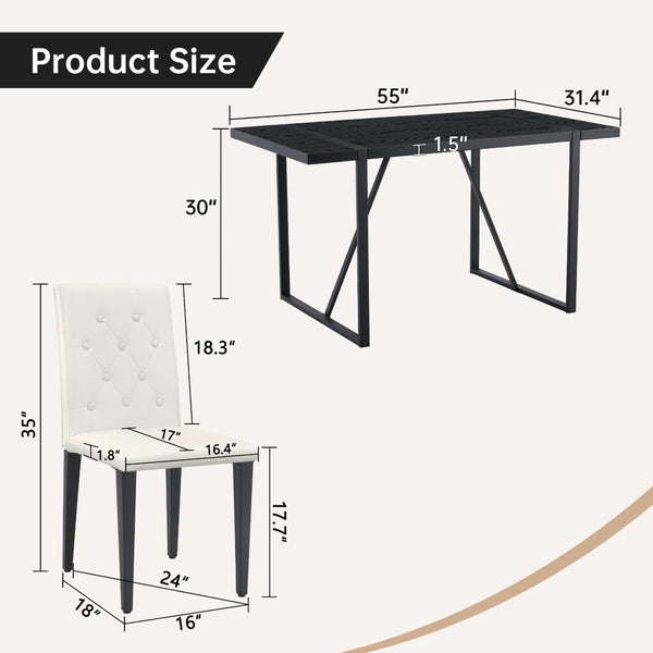 English Elm Black Faux Grain Mdf Table Set with Four White Pu Chairs Retro Minimalist Dining W1151S04372