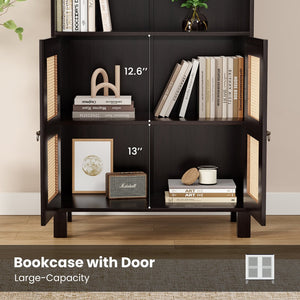 English Elm Tall Rattan Door Bookcase with 5 Shelves — Stylish Tall Storage Shelf for Living Room Office LibraryBedroom Walnut T3623P379905