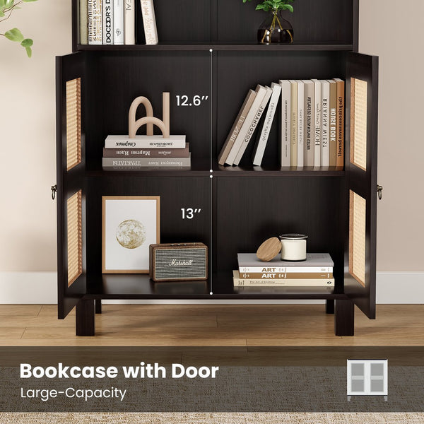 English Elm Tall Rattan Door Bookcase with 5 Shelves — Stylish Tall Storage Shelf for Living Room Office LibraryBedroom Walnut T3623P379905