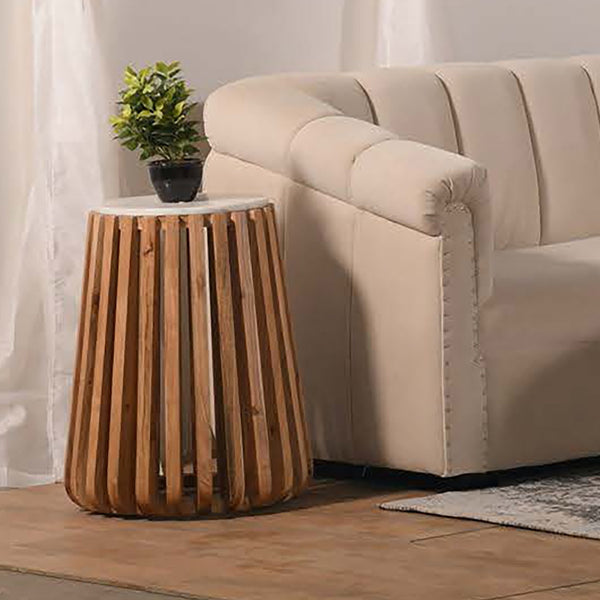 English Elm Modern Pedestal Side Table with White Marble Top and Fluted Mango Wood Base — Chic Compact Accent Piece Brown+White 26 L x 22 W x 22 H B2741P285781