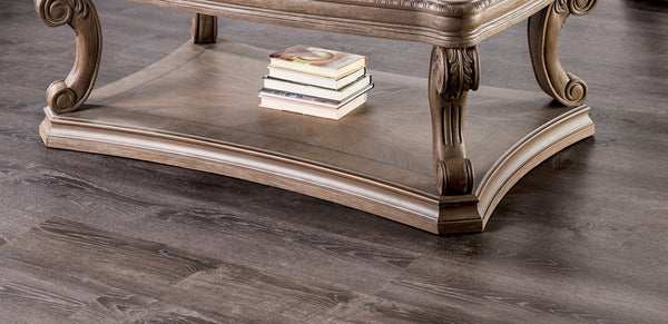 English Elm Dentil Weathered Oak Coffee Table 52"W x 32"D x 20"H with Carved Scroll Legs, Open Shelf, Sturdy Elegance B2741P360606