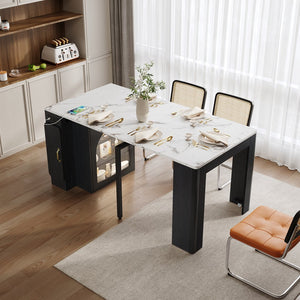 English Elm TREXM Extendable Dining Table with LED Light Strip, Built-In USB/Type-C Outlet, Rolling Space-Saver Cabinet Black,White Marble XW000024AAB