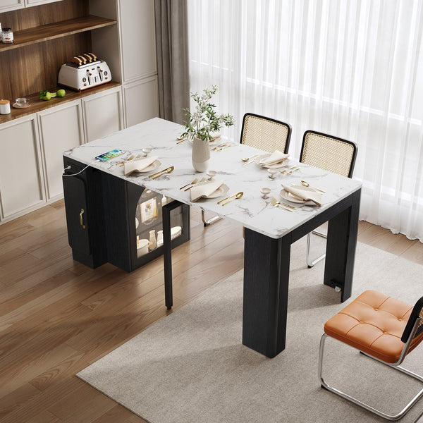 English Elm TREXM Extendable Dining Table with LED Light Strip, Built-In USB/Type-C Outlet, Rolling Space-Saver Cabinet Black,White Marble XW000024AAB