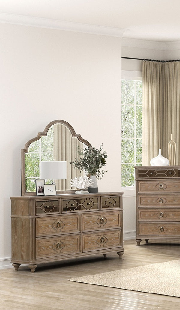 English Elm Simple Contemporary Chest of Drawers with Solid Wood Veneer, Felt-Lined Top Drawer & Metal Handles Oak,Rustic 22 L x 67 W x 39 H B2741P357505