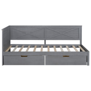 English Elm Twin Wood Daybed with 2 Drawers Rustic Guardrail in Ancient Grey — Storage Twin Bed, Pine MDF Craftsmanship, 300lb Capacity N709P179657E