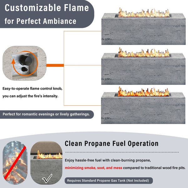 English Elm U_style Rectangular Outdoor Propane Fire Pit Mgo Set with Tank Cover Table Grey WY000498AAE